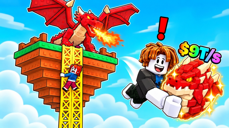 Official Roblox thumbnail of an avatar carrying a red dragon next to a $9T/s label, while another avatar climbs toward a fire-breathing dragon on a tower