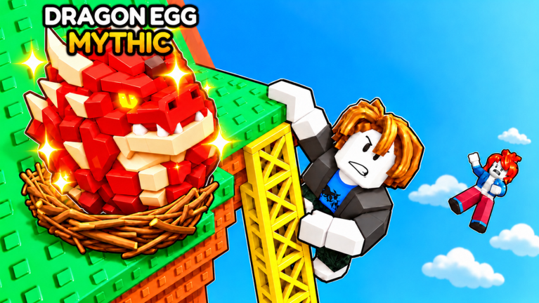 Official Roblox thumbnail of a red dragon egg labeled Dragon Egg Mythic sitting in a nest on a green platform while an avatar climbs the yellow ladder