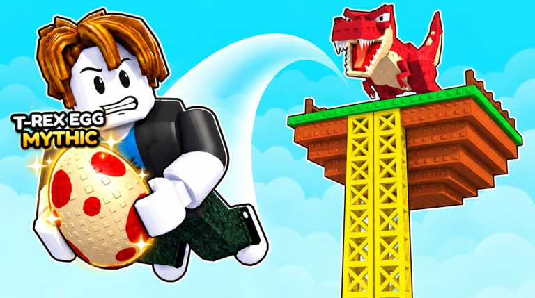 Official Roblox thumbnail of an avatar holding a spotted egg labeled T-Rex Egg Mythic, with a red tyrannosaurus on a high platform and a white jump trail
