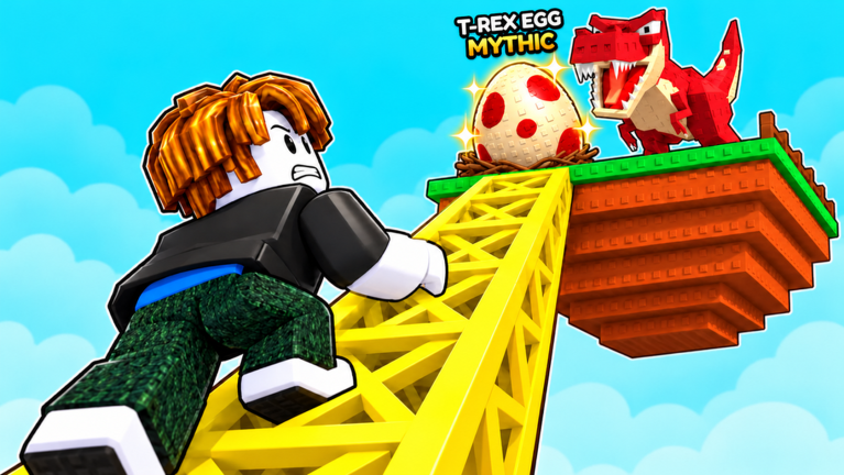 Official Roblox thumbnail of an avatar climbing a yellow ladder toward a spotted T-Rex Egg labeled Mythic, with a red tyrannosaurus on the platform